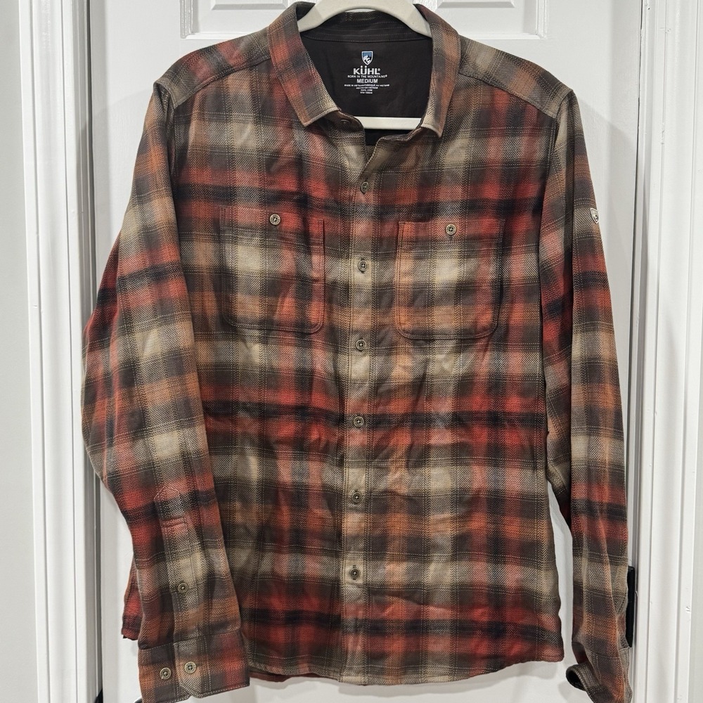 KÜHL Men's Medium Plaid Flannel Shirt Gorpcore Outdoor Hiking Brown Red
